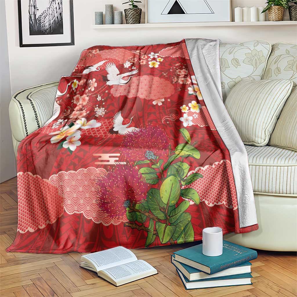 Hawaiian and Japanese Culture Together Blanket Red Ohia Lehua Plumeria and Sakura Blooming - Polynesian Pride