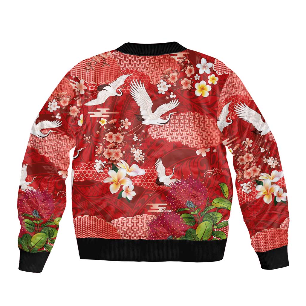 Hawaiian and Japanese Culture Together Bomber Jacket Red Ohia Lehua Plumeria and Sakura Blooming - Polynesian Pride