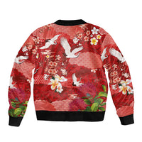 Hawaiian and Japanese Culture Together Bomber Jacket Red Ohia Lehua Plumeria and Sakura Blooming - Polynesian Pride