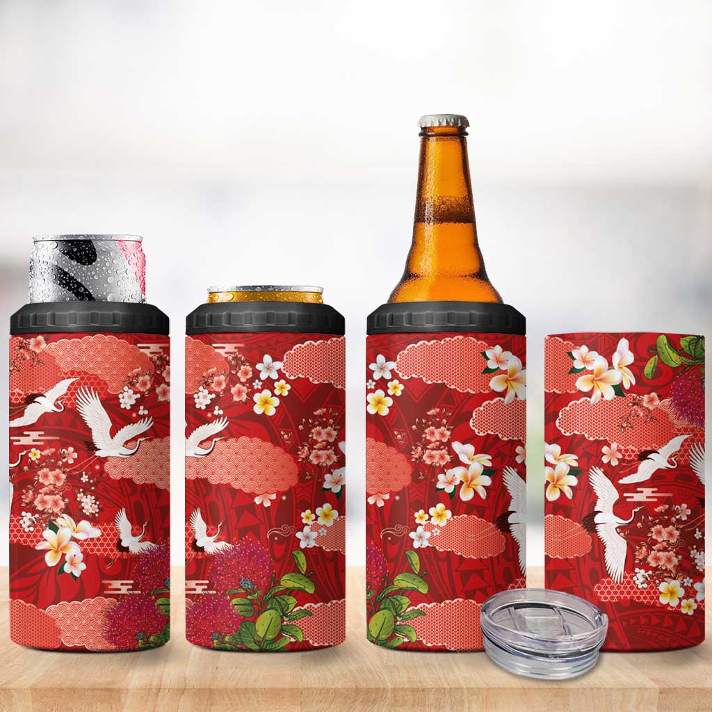 Hawaiian and Japanese Culture Together 4 in 1 Can Cooler Tumbler Red Ohia Lehua Plumeria and Sakura Blooming - Polynesian Pride