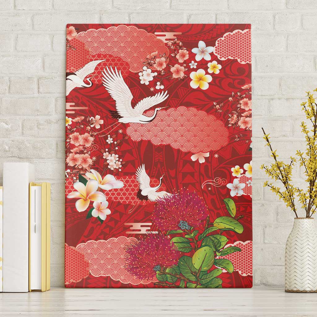 Hawaiian and Japanese Culture Together Canvas Wall Art Red Ohia Lehua Plumeria and Sakura Blooming LT03 Without Frame Red - Polynesian Pride