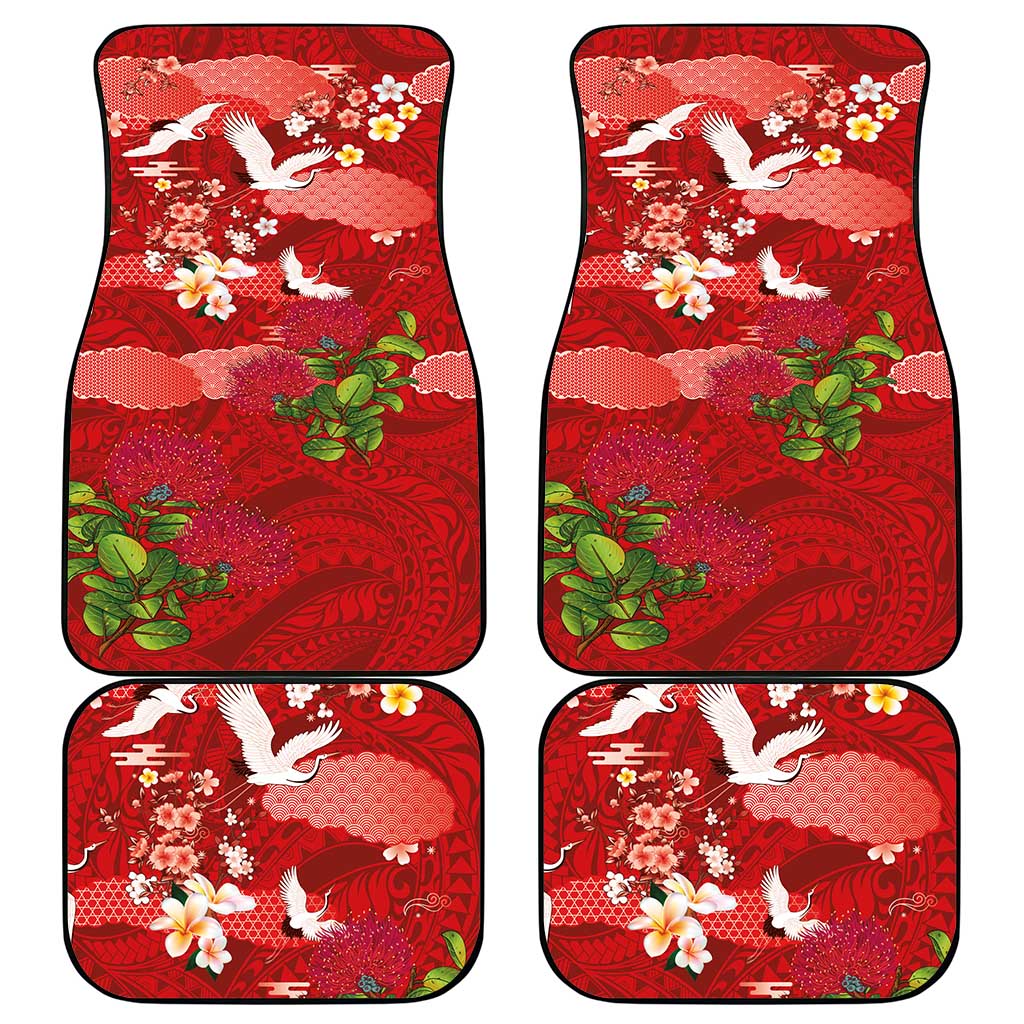 Hawaiian and Japanese Culture Together Car Mats Red Ohia Lehua Plumeria and Sakura Blooming - Polynesian Pride