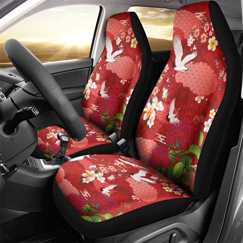 Hawaiian and Japanese Culture Together Car Seat Cover Red Ohia Lehua Plumeria and Sakura Blooming - Polynesian Pride