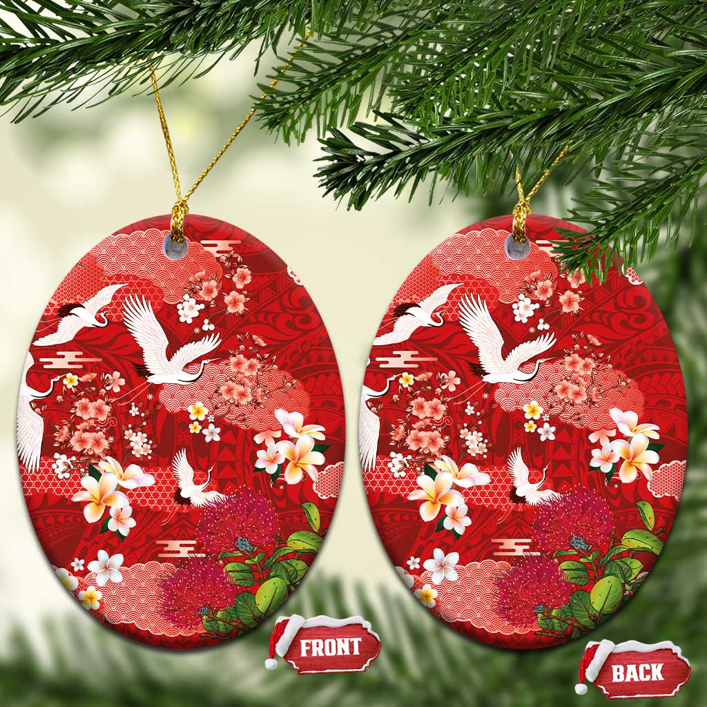 Hawaiian and Japanese Culture Together Ceramic Ornament Red Ohia Lehua Plumeria and Sakura Blooming - Polynesian Pride