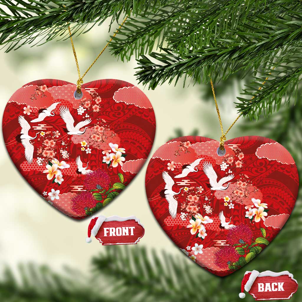 Hawaiian and Japanese Culture Together Ceramic Ornament Red Ohia Lehua Plumeria and Sakura Blooming - Polynesian Pride