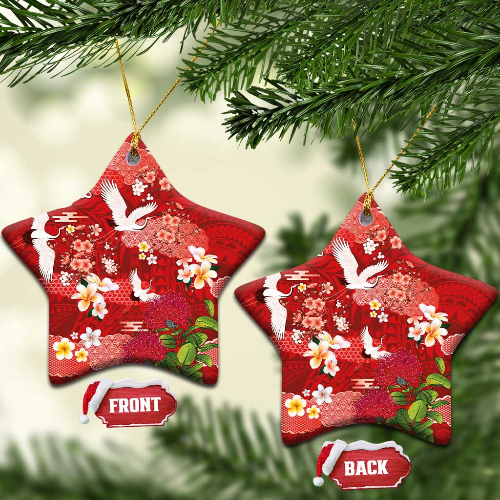 Hawaiian and Japanese Culture Together Ceramic Ornament Red Ohia Lehua Plumeria and Sakura Blooming - Polynesian Pride