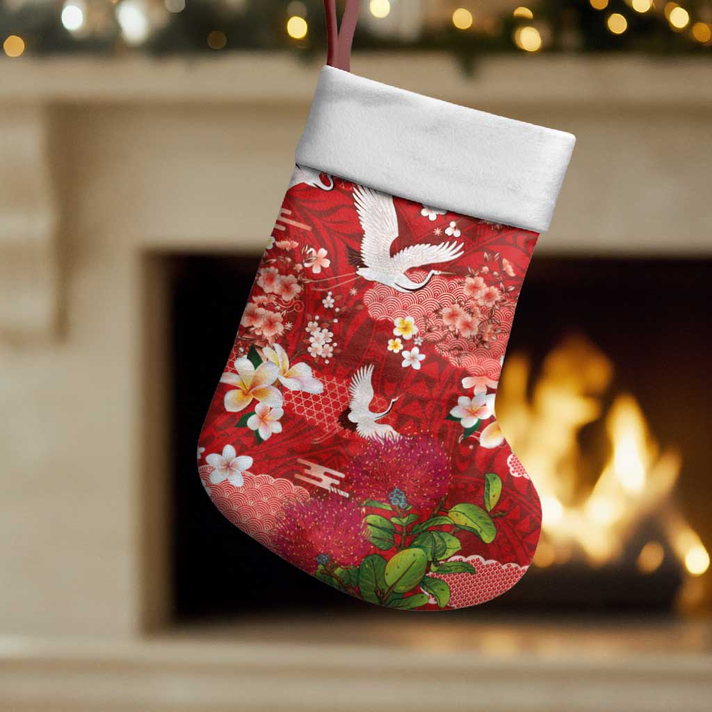 Hawaiian and Japanese Culture Together Christmas Stocking Red Ohia Lehua Plumeria and Sakura Blooming - Polynesian Pride