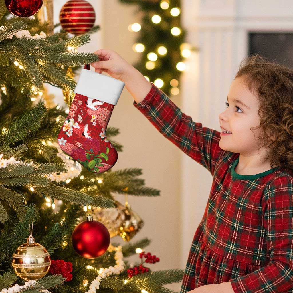 Hawaiian and Japanese Culture Together Christmas Stocking Red Ohia Lehua Plumeria and Sakura Blooming - Polynesian Pride