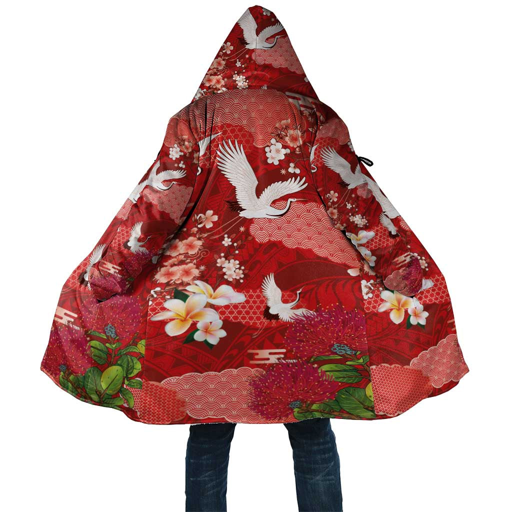 Hawaiian and Japanese Culture Together Cloak Red Ohia Lehua Plumeria and Sakura Blooming LT03 Unisex Red - Polynesian Pride