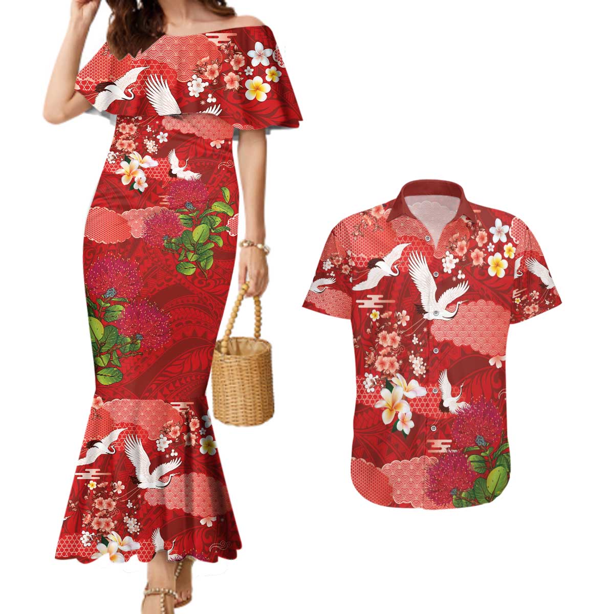Hawaiian and Japanese Culture Together Couples Matching Mermaid Dress and Hawaiian Shirt Red Ohia Lehua Plumeria and Sakura Blooming - Polynesian Pride