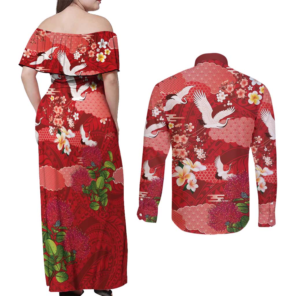 Hawaiian and Japanese Culture Together Couples Matching Off Shoulder Maxi Dress and Long Sleeve Button Shirt Red Ohia Lehua Plumeria and Sakura Blooming - Polynesian Pride