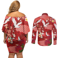 Hawaiian and Japanese Culture Together Couples Matching Off Shoulder Short Dress and Long Sleeve Button Shirt Red Ohia Lehua Plumeria and Sakura Blooming - Polynesian Pride