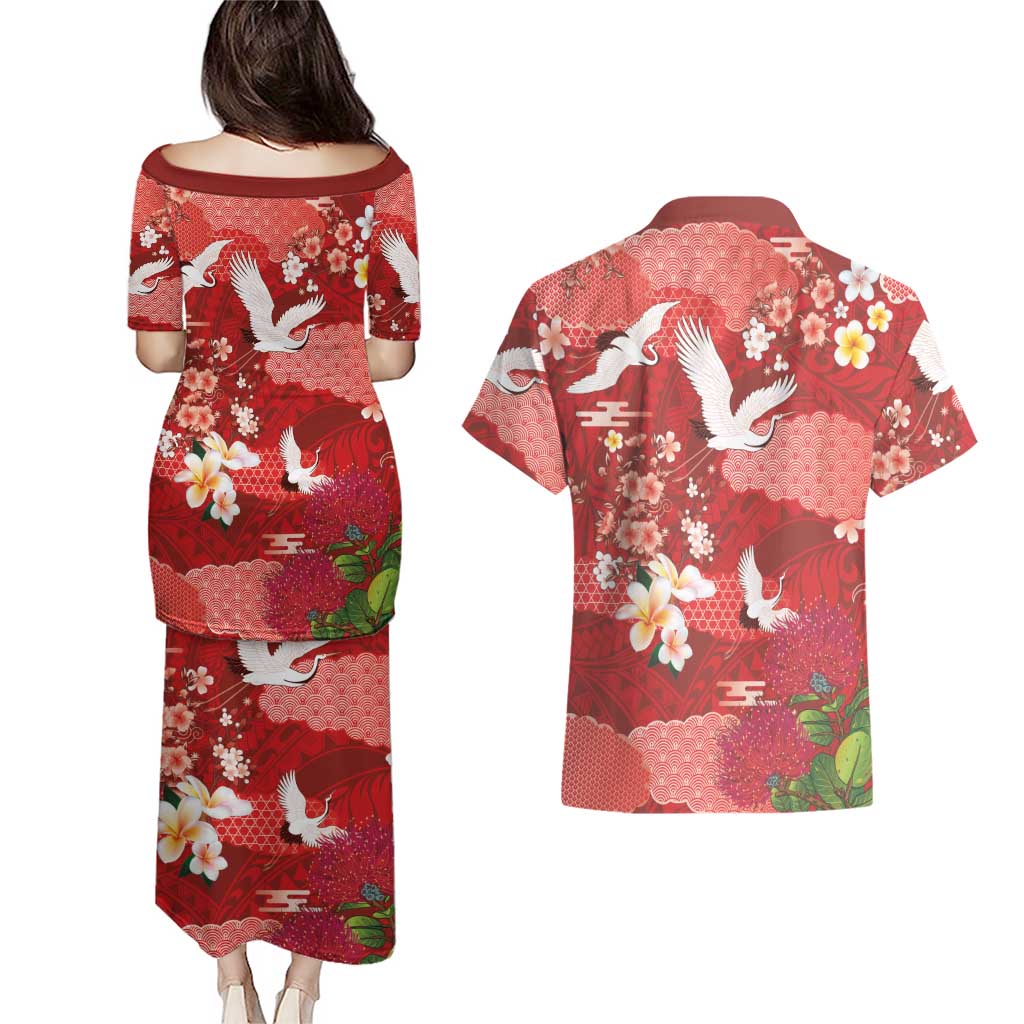 Hawaiian and Japanese Culture Together Couples Matching Puletasi and Hawaiian Shirt Red Ohia Lehua Plumeria and Sakura Blooming - Polynesian Pride