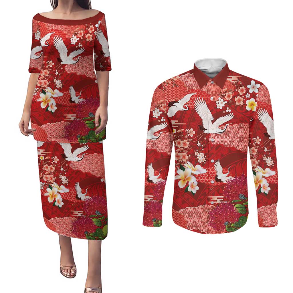Hawaiian and Japanese Culture Together Couples Matching Puletasi and Long Sleeve Button Shirt Red Ohia Lehua Plumeria and Sakura Blooming - Polynesian Pride