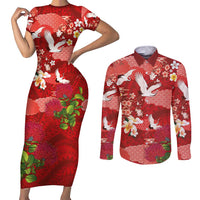 Hawaiian and Japanese Culture Together Couples Matching Short Sleeve Bodycon Dress and Long Sleeve Button Shirt Red Ohia Lehua Plumeria and Sakura Blooming - Polynesian Pride