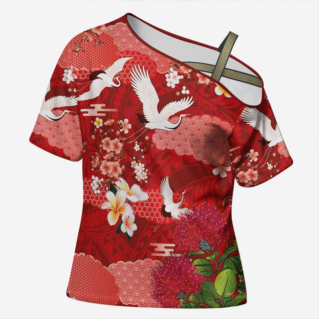 Hawaiian and Japanese Culture Together Cross Shoulder Shirt Red Ohia Lehua Plumeria and Sakura Blooming LT03 Female Red - Polynesian Pride