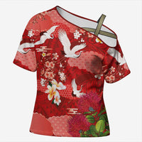 Hawaiian and Japanese Culture Together Cross Shoulder Shirt Red Ohia Lehua Plumeria and Sakura Blooming - Polynesian Pride