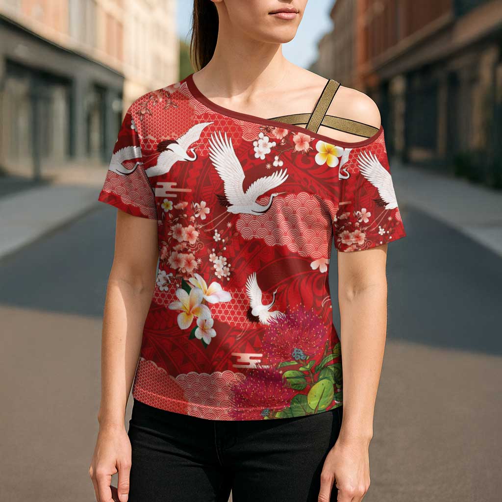Hawaiian and Japanese Culture Together Cross Shoulder Shirt Red Ohia Lehua Plumeria and Sakura Blooming - Polynesian Pride