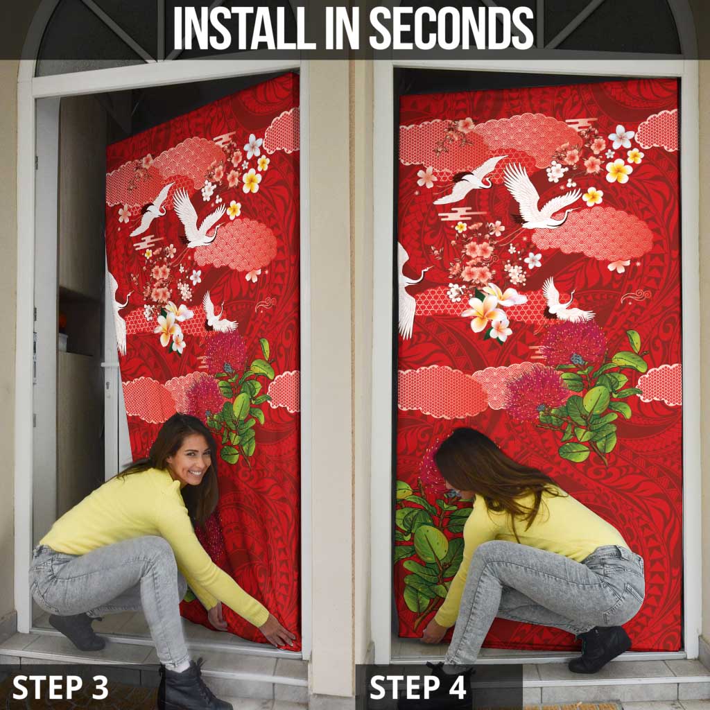 Hawaiian and Japanese Culture Together Door Cover Red Ohia Lehua Plumeria and Sakura Blooming - Polynesian Pride