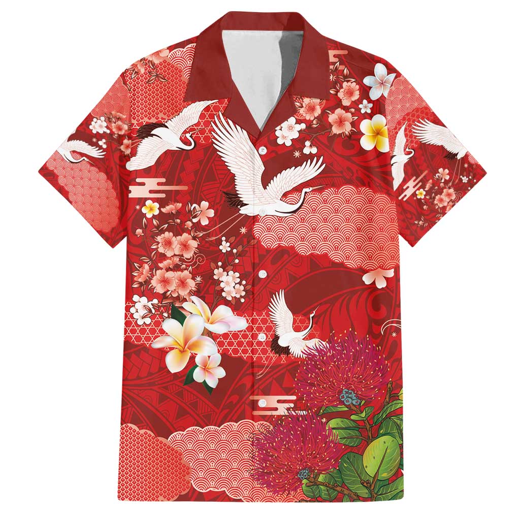 Hawaiian and Japanese Culture Together Family Matching Long Sleeve Bodycon Dress and Hawaiian Shirt Red Ohia Lehua Plumeria and Sakura Blooming - Polynesian Pride