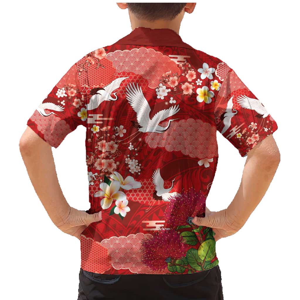 Hawaiian and Japanese Culture Together Family Matching Mermaid Dress and Hawaiian Shirt Red Ohia Lehua Plumeria and Sakura Blooming - Polynesian Pride