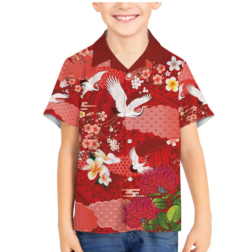 Hawaiian and Japanese Culture Together Family Matching Mermaid Dress and Hawaiian Shirt Red Ohia Lehua Plumeria and Sakura Blooming - Polynesian Pride