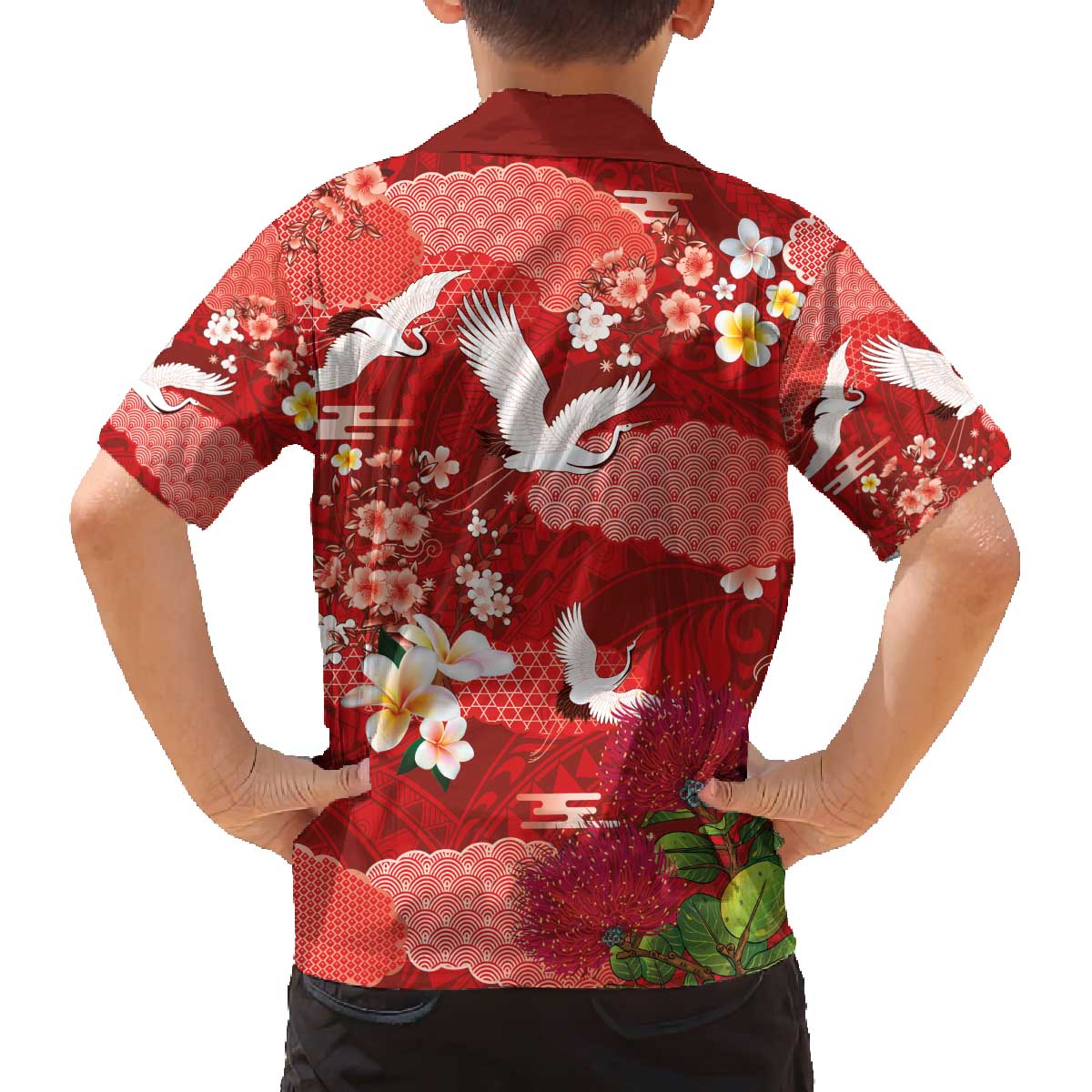 Hawaiian and Japanese Culture Together Family Matching Off The Shoulder Long Sleeve Dress and Hawaiian Shirt Red Ohia Lehua Plumeria and Sakura Blooming - Polynesian Pride