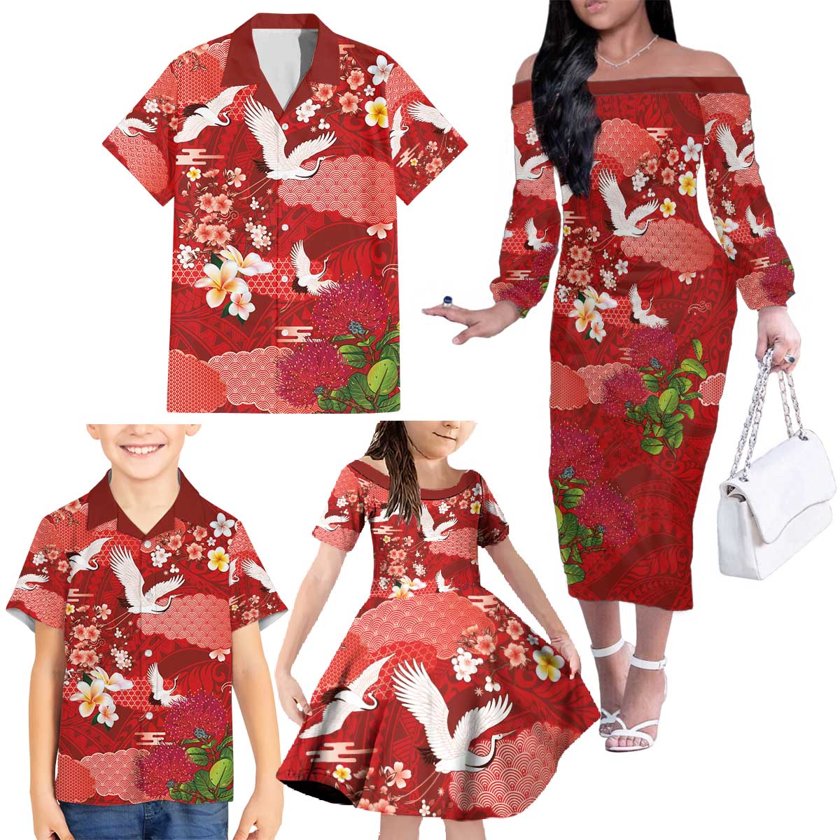 Hawaiian and Japanese Culture Together Family Matching Off The Shoulder Long Sleeve Dress and Hawaiian Shirt Red Ohia Lehua Plumeria and Sakura Blooming - Polynesian Pride