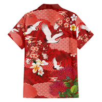 Hawaiian and Japanese Culture Together Family Matching Off The Shoulder Long Sleeve Dress and Hawaiian Shirt Red Ohia Lehua Plumeria and Sakura Blooming - Polynesian Pride