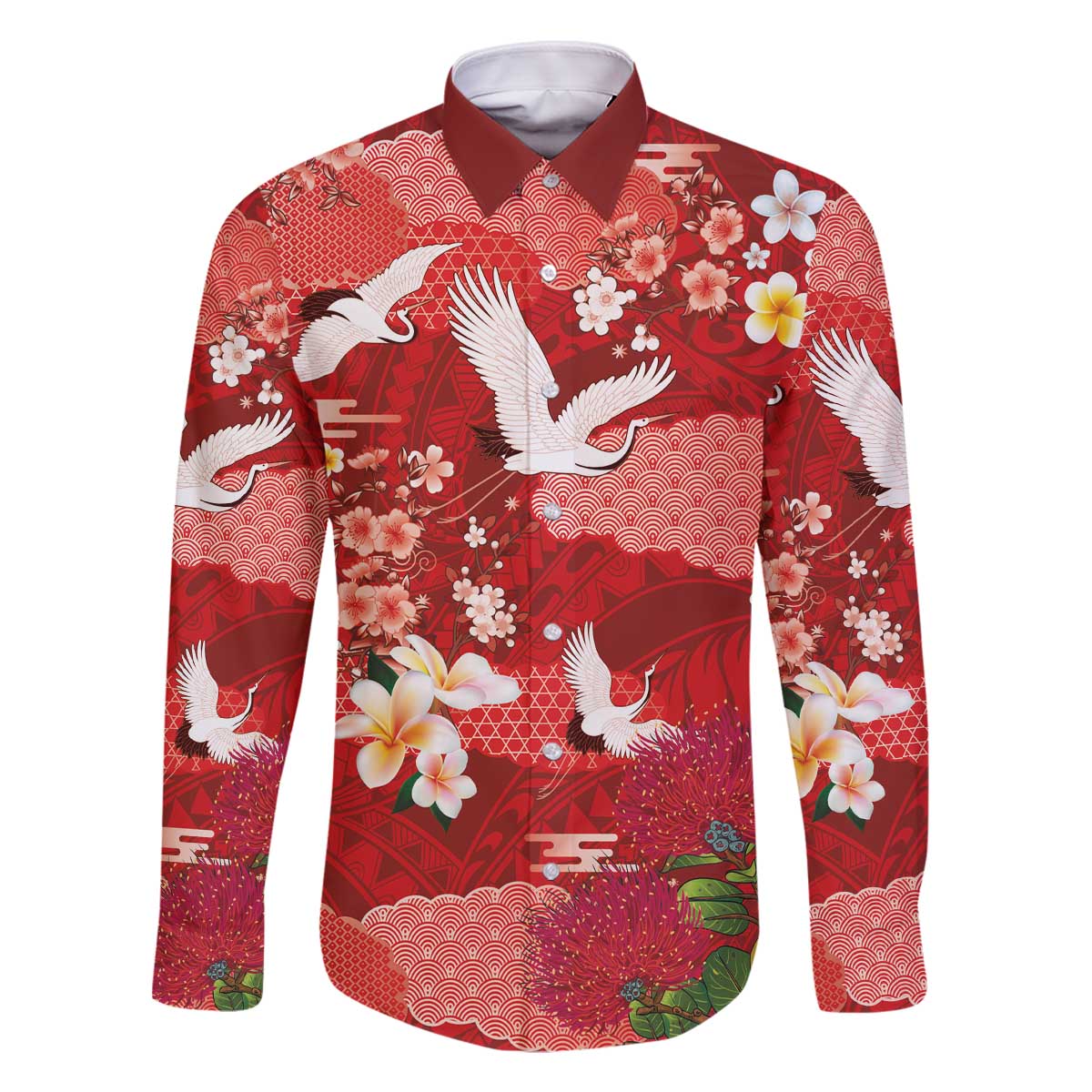 Hawaiian and Japanese Culture Together Family Matching Off The Shoulder Long Sleeve Dress and Hawaiian Shirt Red Ohia Lehua Plumeria and Sakura Blooming - Polynesian Pride