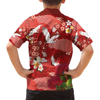 Hawaiian and Japanese Culture Together Family Matching Off Shoulder Maxi Dress and Hawaiian Shirt Red Ohia Lehua Plumeria and Sakura Blooming - Polynesian Pride