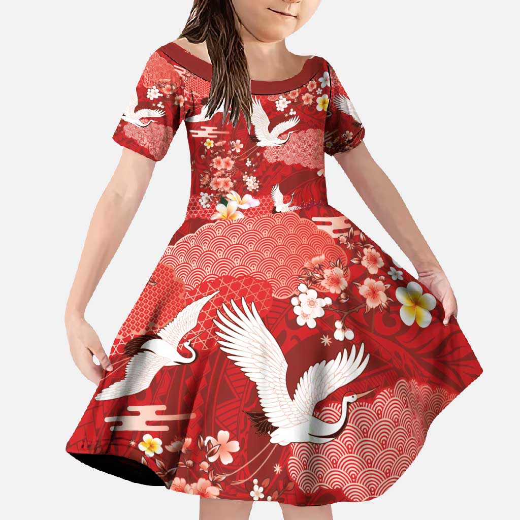 Hawaiian and Japanese Culture Together Family Matching Off Shoulder Maxi Dress and Hawaiian Shirt Red Ohia Lehua Plumeria and Sakura Blooming - Polynesian Pride