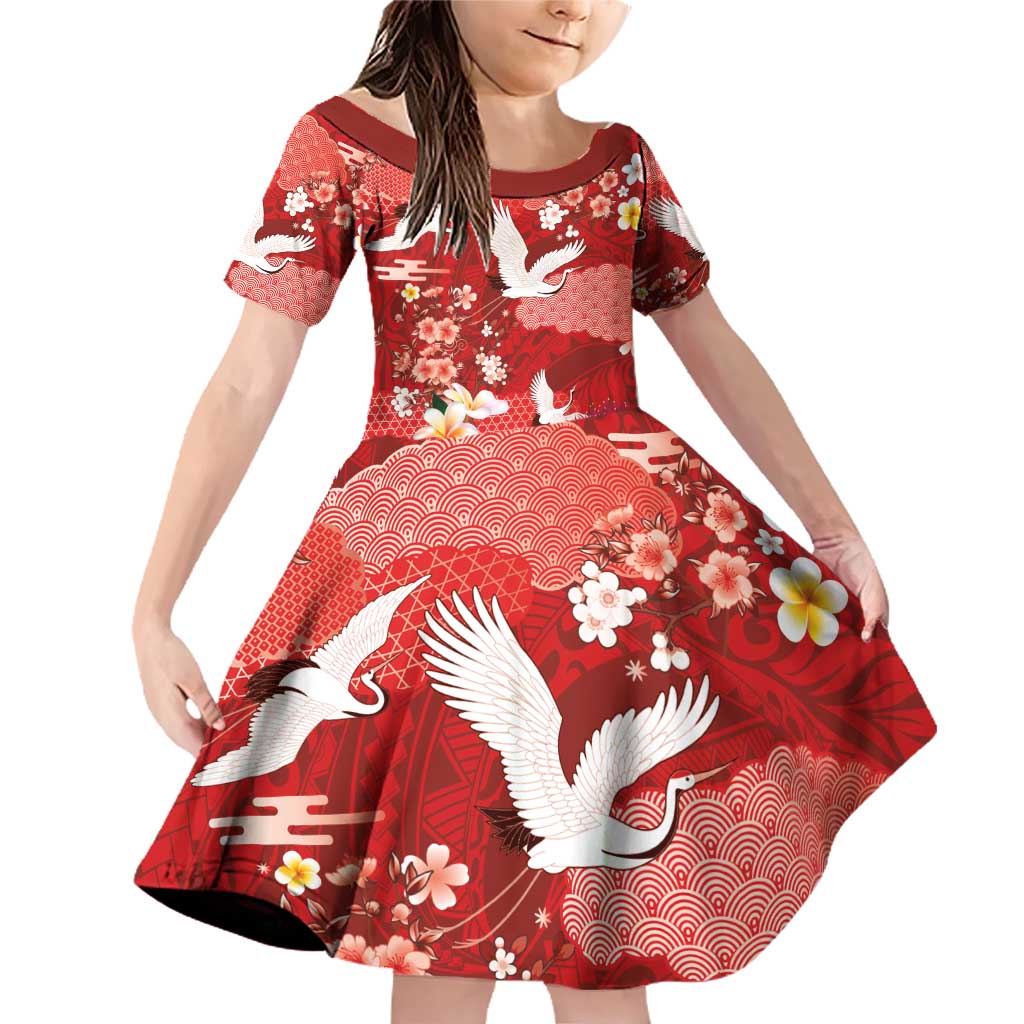 Hawaiian and Japanese Culture Together Family Matching Off Shoulder Short Dress and Hawaiian Shirt Red Ohia Lehua Plumeria and Sakura Blooming - Polynesian Pride