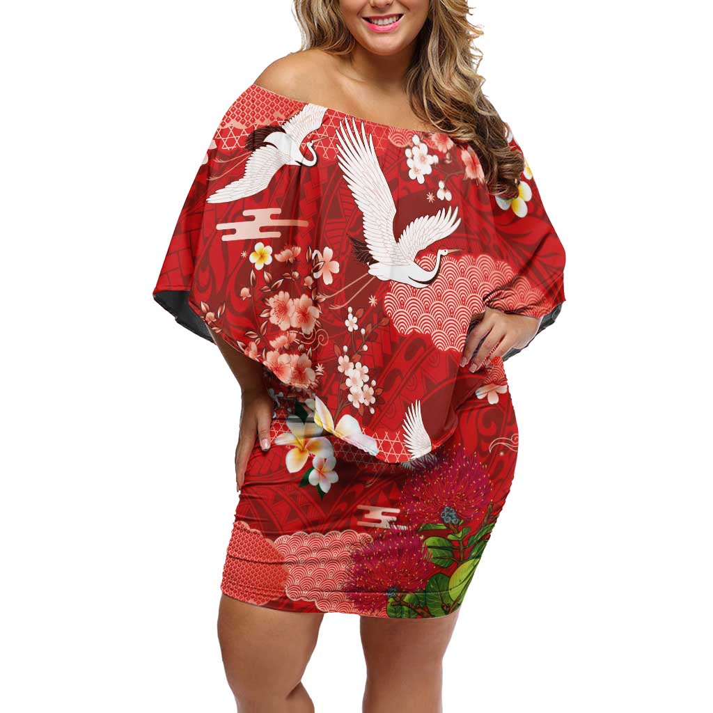 Hawaiian and Japanese Culture Together Family Matching Off Shoulder Short Dress and Hawaiian Shirt Red Ohia Lehua Plumeria and Sakura Blooming - Polynesian Pride