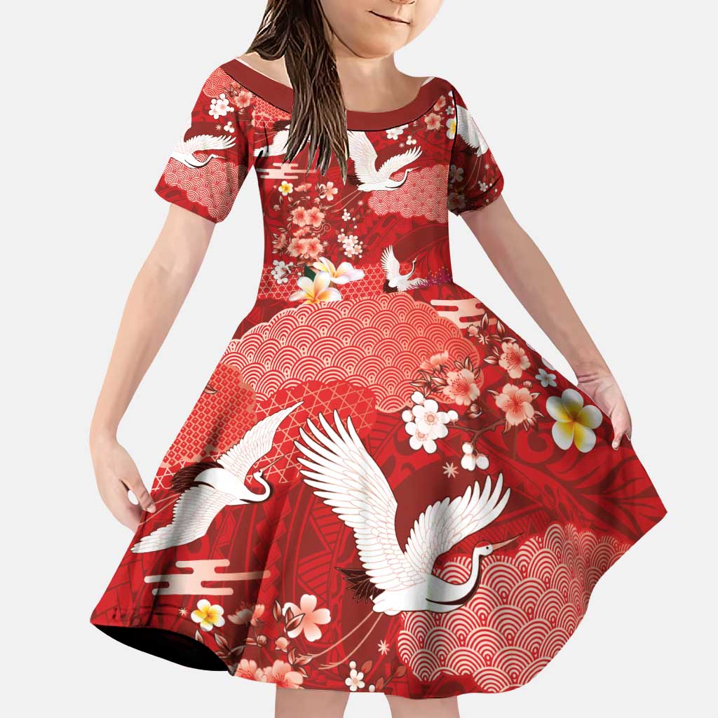 Hawaiian and Japanese Culture Together Family Matching Puletasi and Hawaiian Shirt Red Ohia Lehua Plumeria and Sakura Blooming - Polynesian Pride