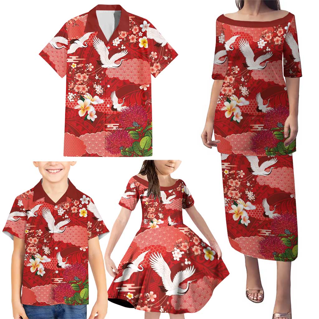 Hawaiian and Japanese Culture Together Family Matching Puletasi and Hawaiian Shirt Red Ohia Lehua Plumeria and Sakura Blooming - Polynesian Pride