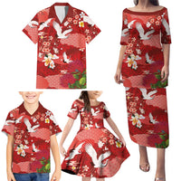 Hawaiian and Japanese Culture Together Family Matching Puletasi and Hawaiian Shirt Red Ohia Lehua Plumeria and Sakura Blooming - Polynesian Pride