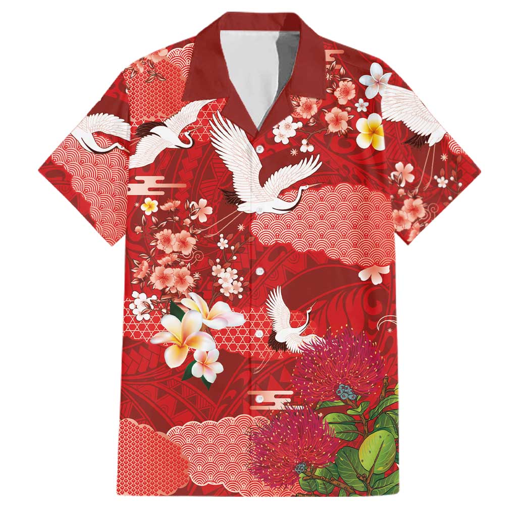 Hawaiian and Japanese Culture Together Family Matching Puletasi and Hawaiian Shirt Red Ohia Lehua Plumeria and Sakura Blooming - Polynesian Pride