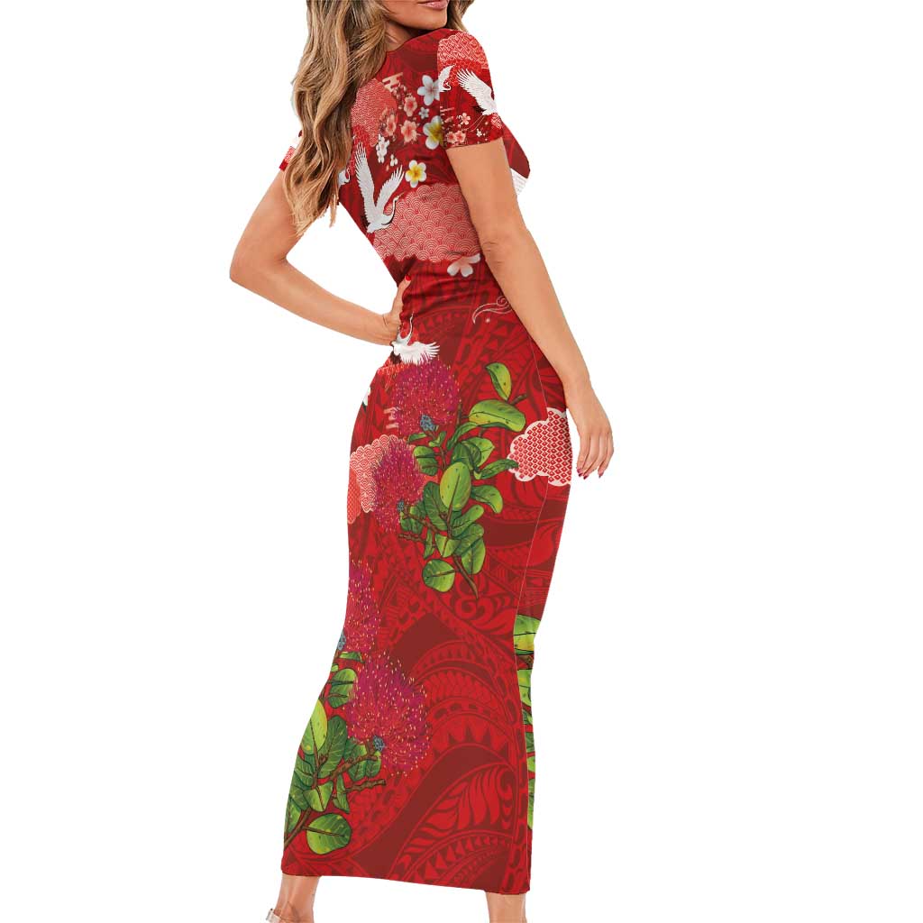 Hawaiian and Japanese Culture Together Family Matching Short Sleeve Bodycon Dress and Hawaiian Shirt Red Ohia Lehua Plumeria and Sakura Blooming - Polynesian Pride