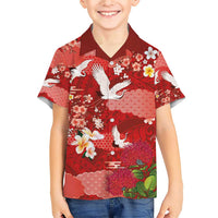 Hawaiian and Japanese Culture Together Family Matching Short Sleeve Bodycon Dress and Hawaiian Shirt Red Ohia Lehua Plumeria and Sakura Blooming - Polynesian Pride