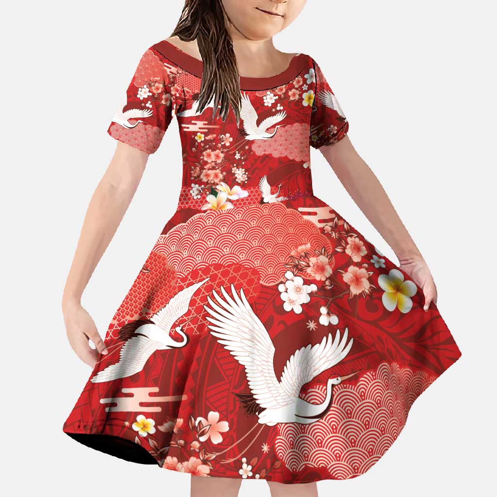 Hawaiian and Japanese Culture Together Family Matching Summer Maxi Dress and Hawaiian Shirt Red Ohia Lehua Plumeria and Sakura Blooming - Polynesian Pride