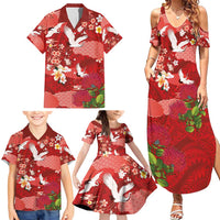 Hawaiian and Japanese Culture Together Family Matching Summer Maxi Dress and Hawaiian Shirt Red Ohia Lehua Plumeria and Sakura Blooming - Polynesian Pride