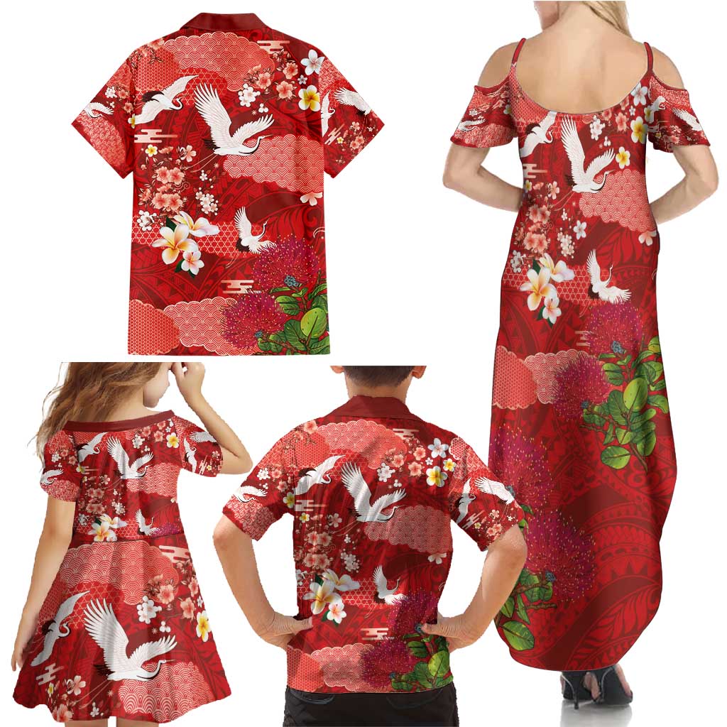 Hawaiian and Japanese Culture Together Family Matching Summer Maxi Dress and Hawaiian Shirt Red Ohia Lehua Plumeria and Sakura Blooming - Polynesian Pride