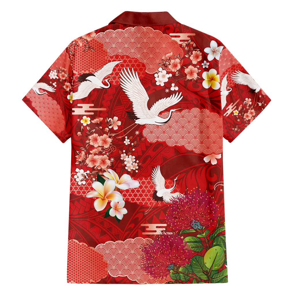Hawaiian and Japanese Culture Together Family Matching Summer Maxi Dress and Hawaiian Shirt Red Ohia Lehua Plumeria and Sakura Blooming - Polynesian Pride