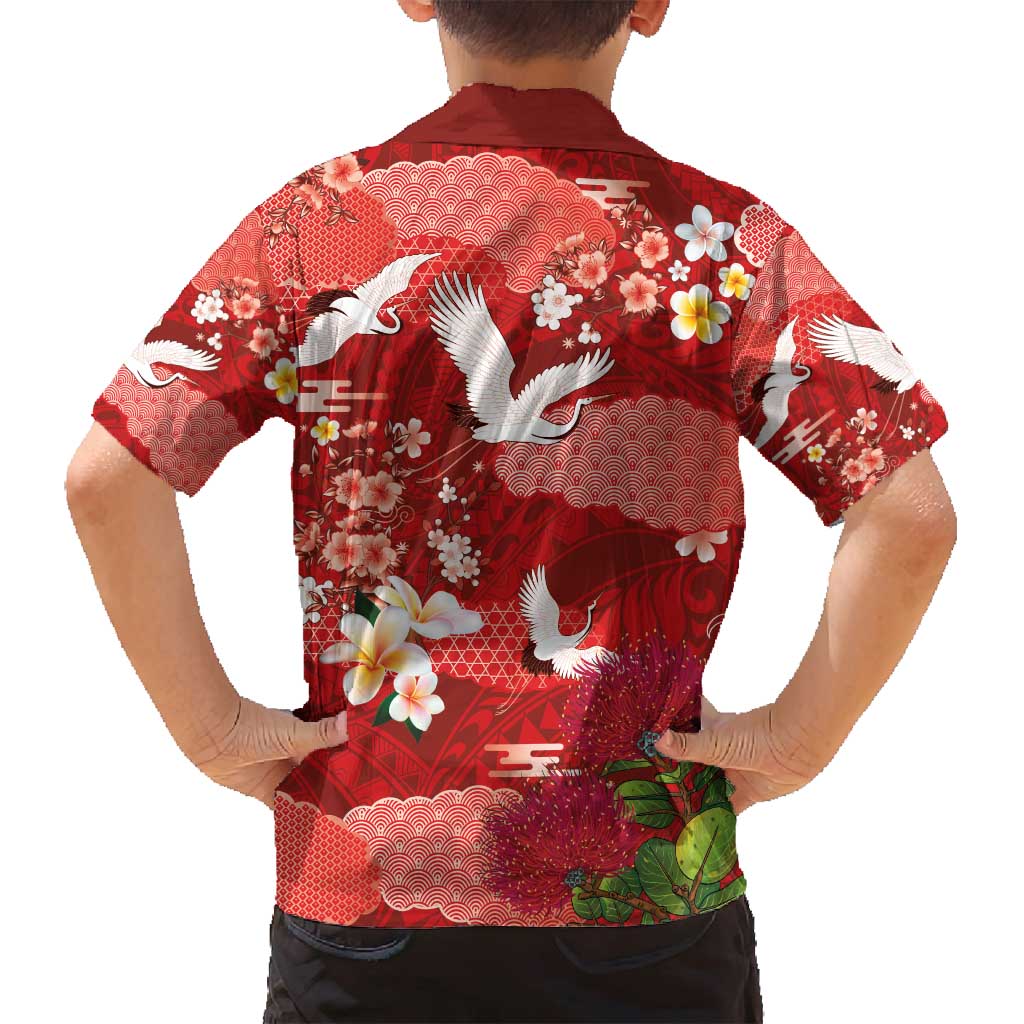 Hawaiian and Japanese Culture Together Family Matching Tank Maxi Dress and Hawaiian Shirt Red Ohia Lehua Plumeria and Sakura Blooming - Polynesian Pride