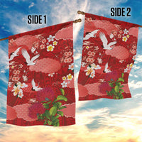 Hawaiian and Japanese Culture Together Garden Flag Red Ohia Lehua Plumeria and Sakura Blooming - Polynesian Pride