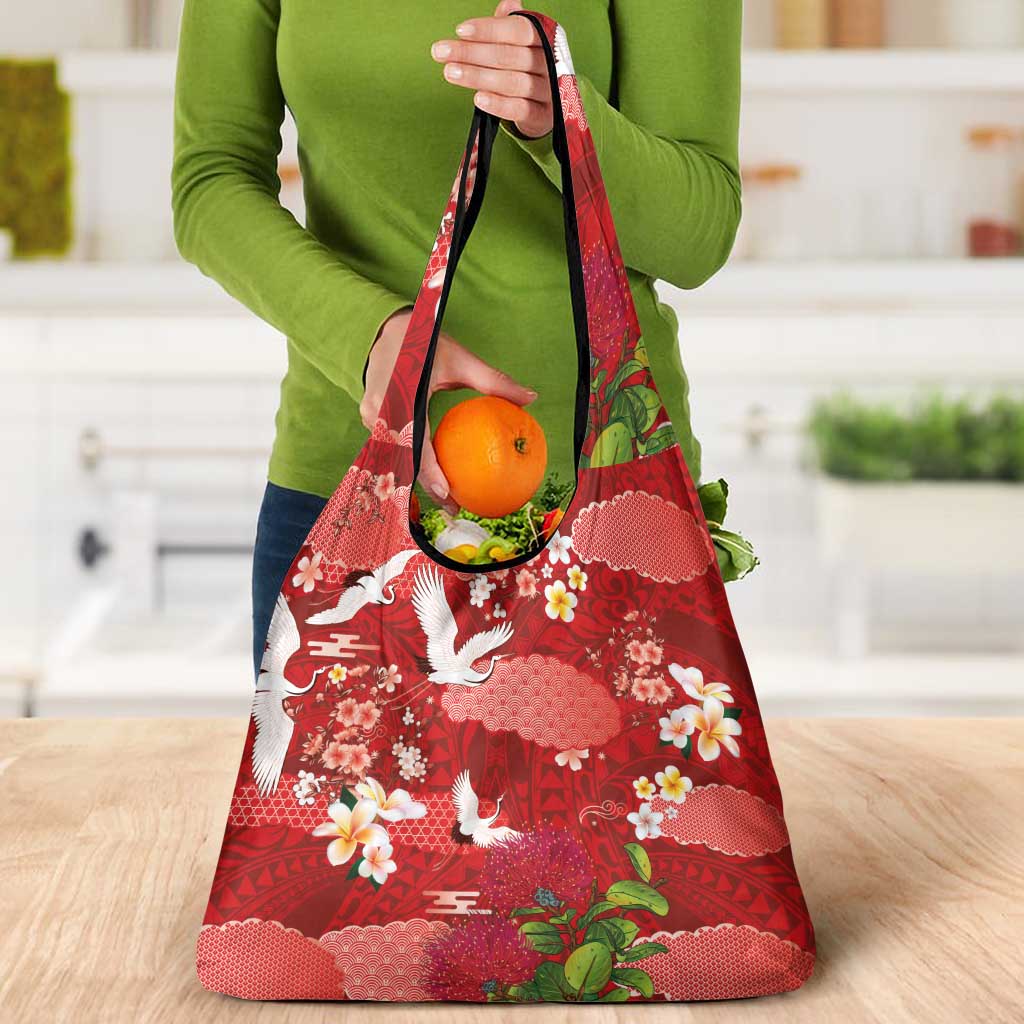 Hawaiian and Japanese Culture Together Grocery Bag Red Ohia Lehua Plumeria and Sakura Blooming - Polynesian Pride
