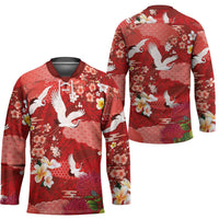 Hawaiian and Japanese Culture Together Hockey Jersey Red Ohia Lehua Plumeria and Sakura Blooming - Polynesian Pride