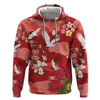Hawaiian and Japanese Culture Together Hoodie Red Ohia Lehua Plumeria and Sakura Blooming - Polynesian Pride