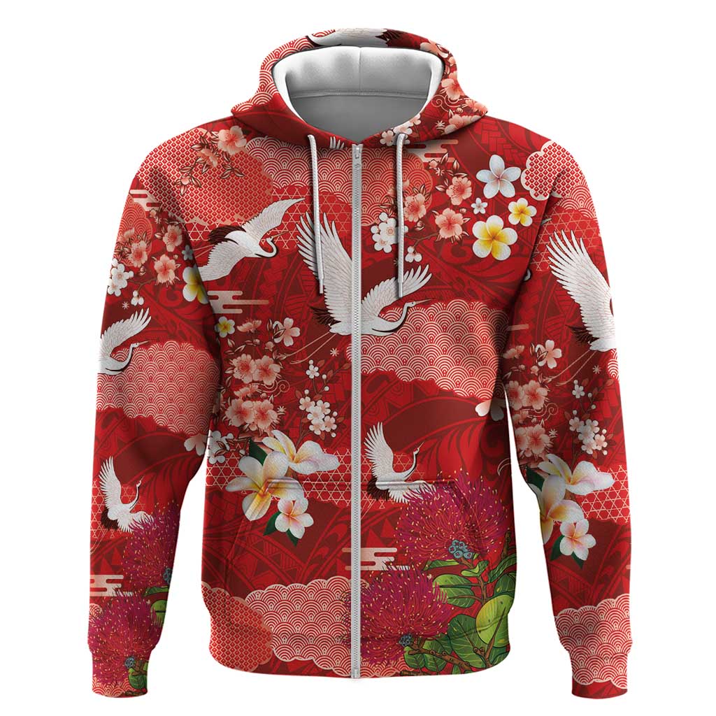 Hawaiian and Japanese Culture Together Hoodie Red Ohia Lehua Plumeria and Sakura Blooming - Polynesian Pride